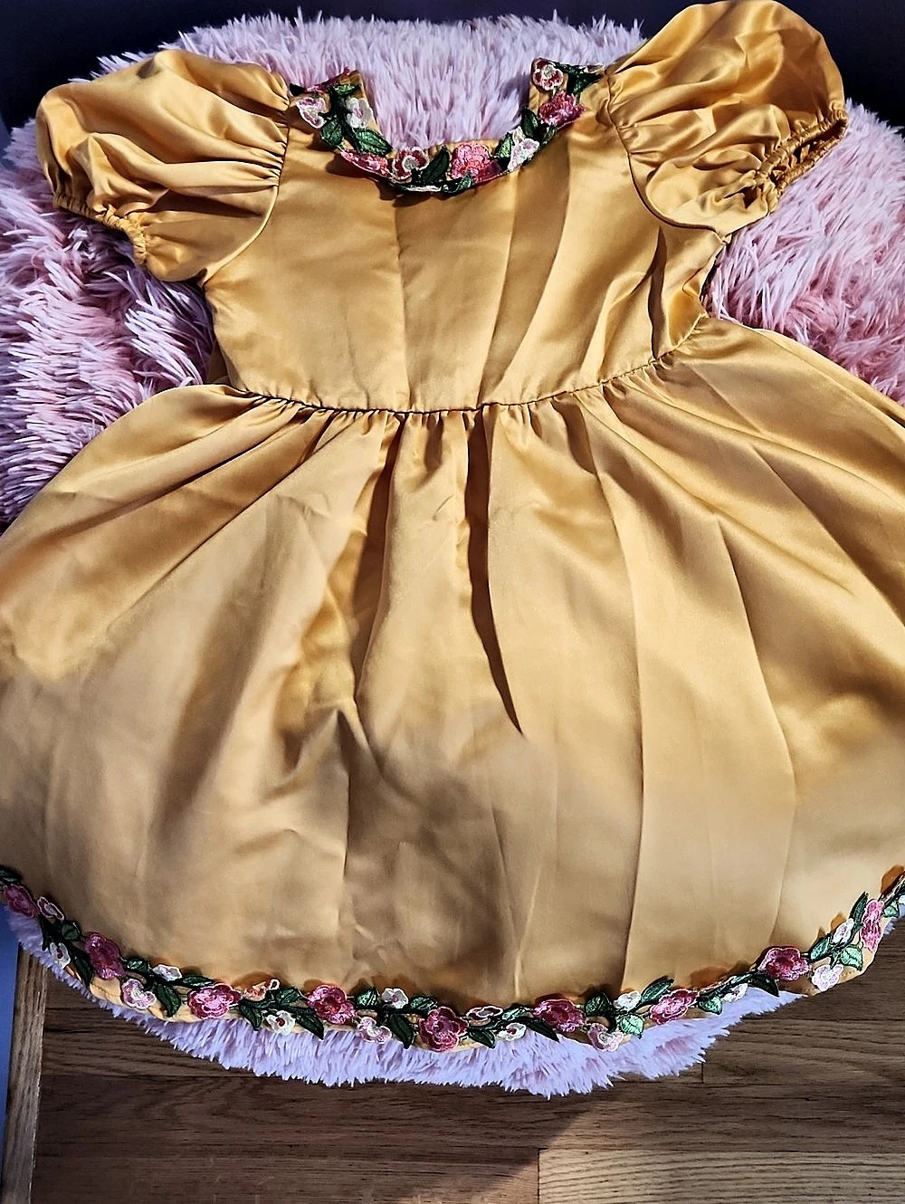 Girls Yellow Floral Trim Party Dress
